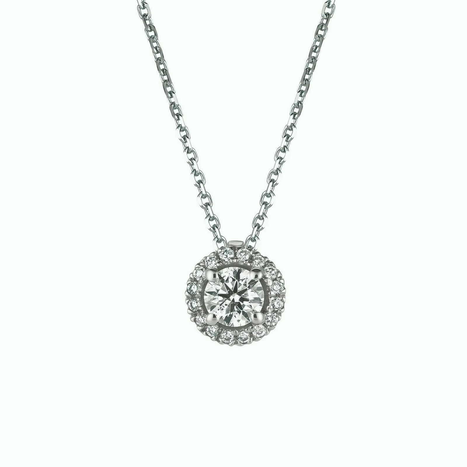 0.50 Carat Natural Diamond Halo Necklace 14K White Gold G SI 18 inches chain