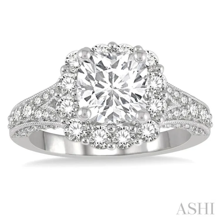 1 1/10 ctw Split Shank Cushion Shape Semi-Mount Round Cut Diamond Ring in 14K White Gold