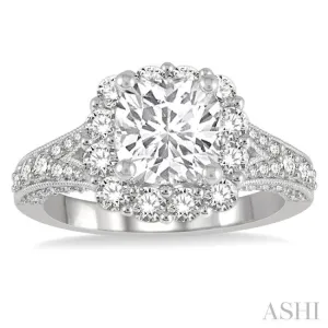 1 1/10 ctw Split Shank Cushion Shape Semi-Mount Round Cut Diamond Ring in 14K White Gold