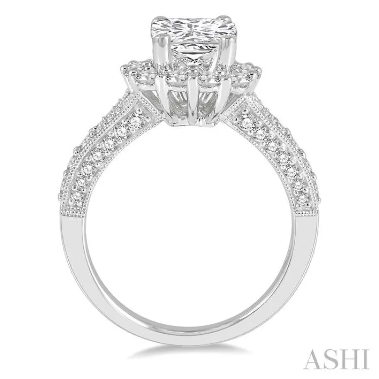 1 1/10 ctw Split Shank Cushion Shape Semi-Mount Round Cut Diamond Ring in 14K White Gold