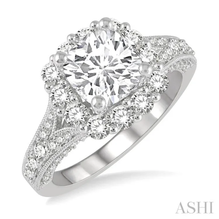 1 1/10 ctw Split Shank Cushion Shape Semi-Mount Round Cut Diamond Ring in 14K White Gold