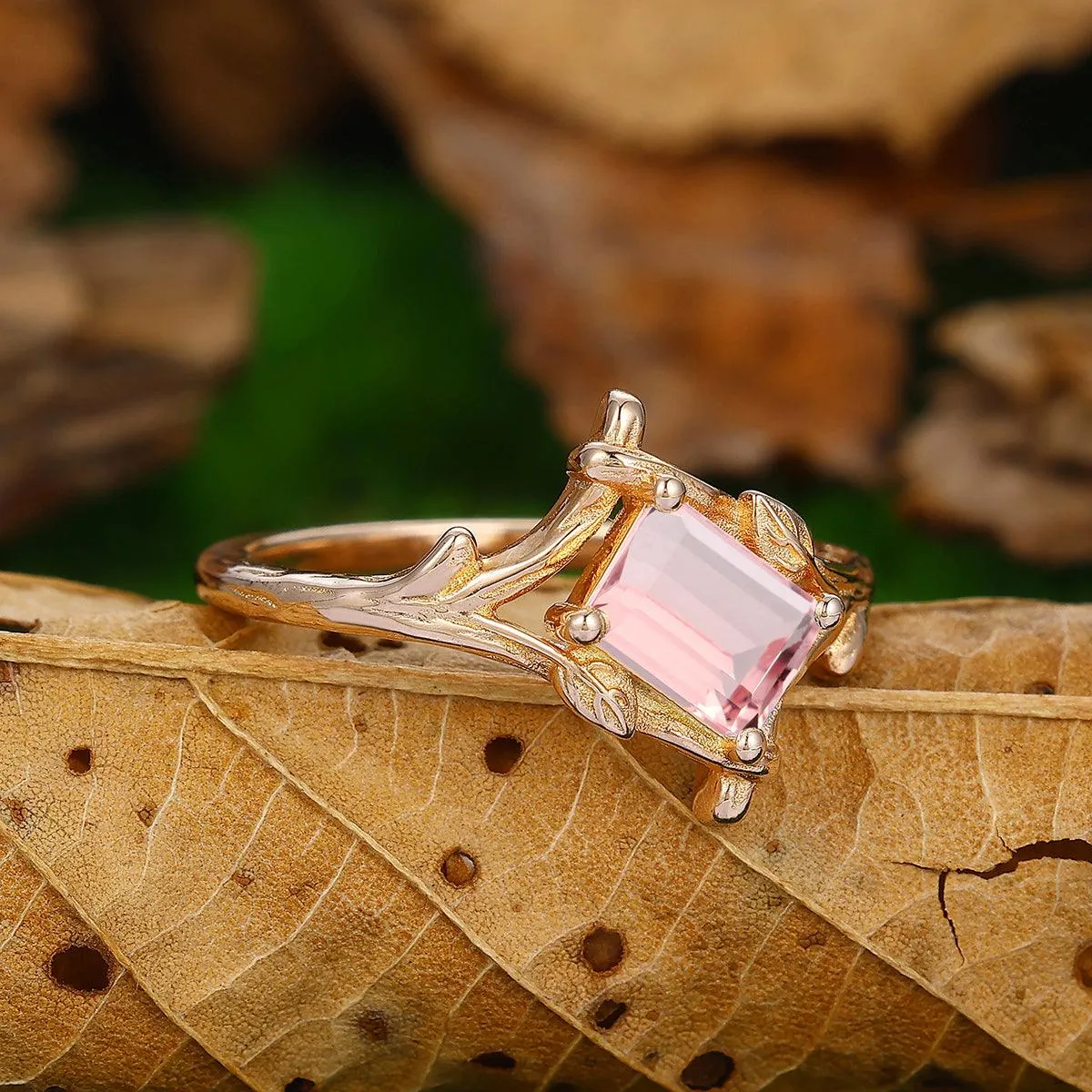 1 CT Emerald Cut Natural Pink Morganite Unique Leaf Vines Solid Gold Engagement Ring