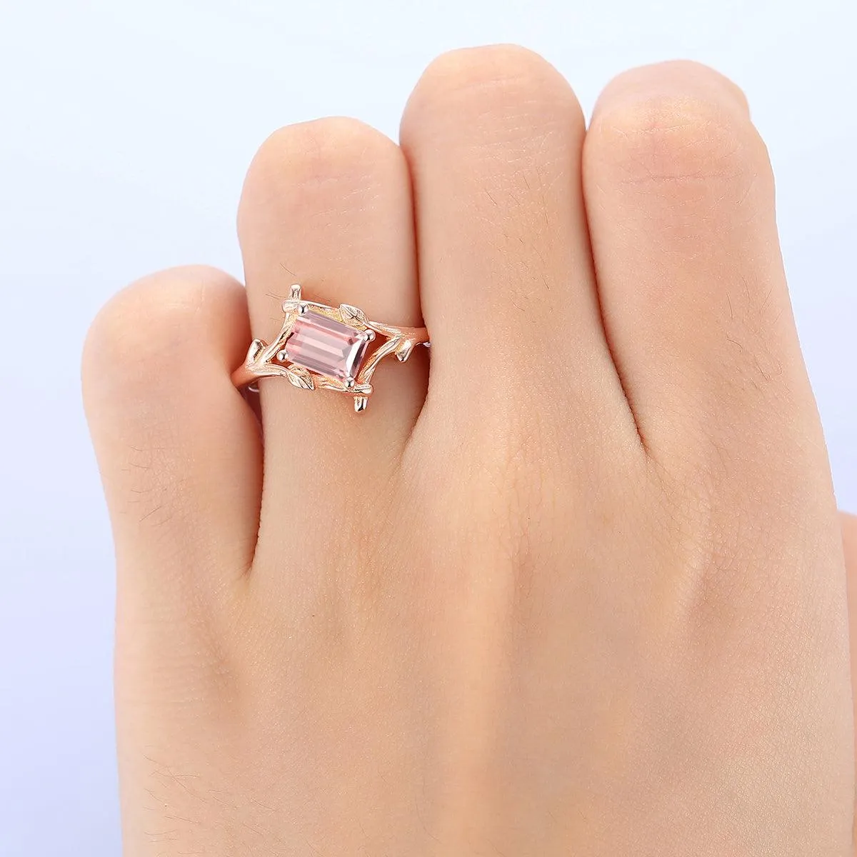 1 CT Emerald Cut Natural Pink Morganite Unique Leaf Vines Solid Gold Engagement Ring