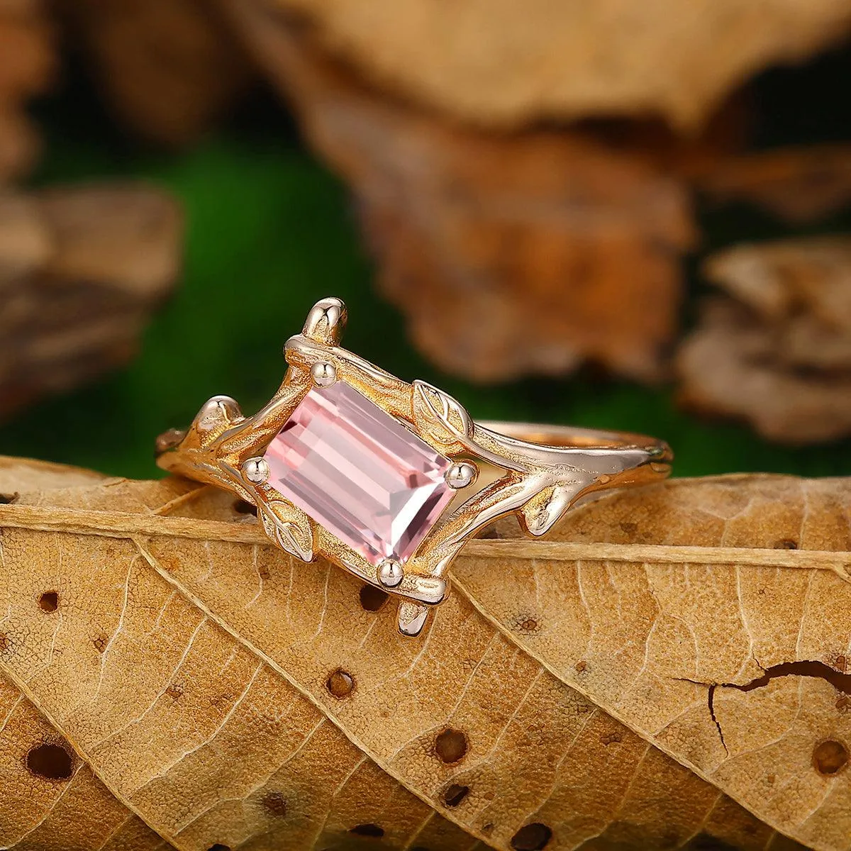 1 CT Emerald Cut Natural Pink Morganite Unique Leaf Vines Solid Gold Engagement Ring