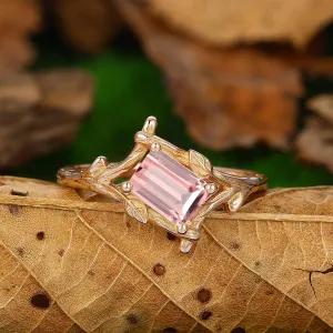 1 CT Emerald Cut Natural Pink Morganite Unique Leaf Vines Solid Gold Engagement Ring