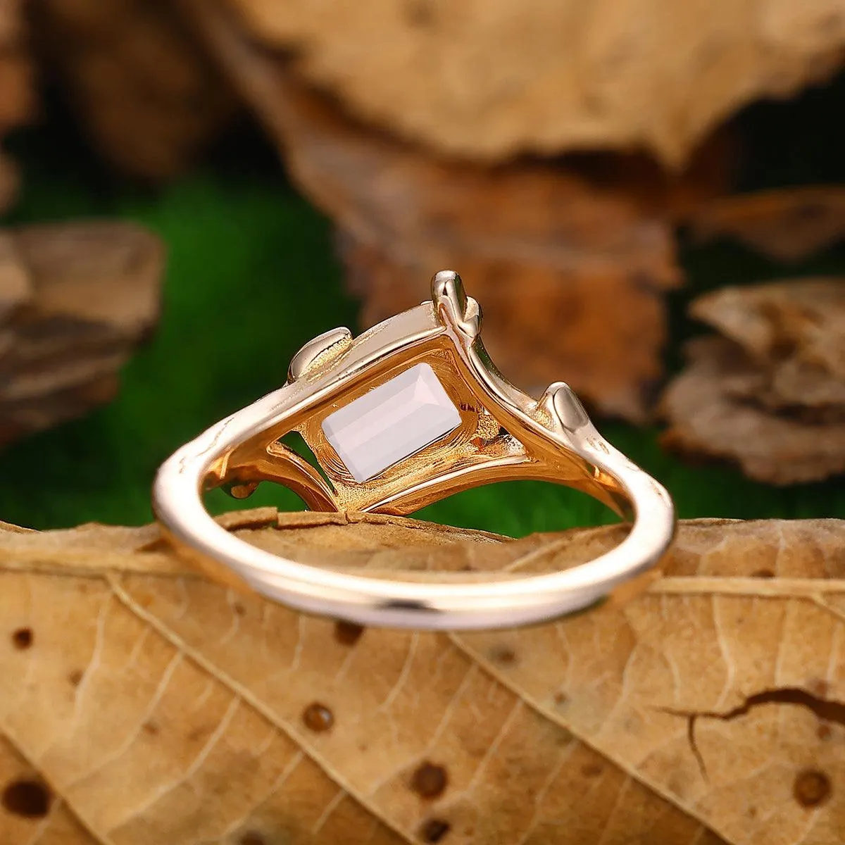 1 CT Emerald Cut Natural Pink Morganite Unique Leaf Vines Solid Gold Engagement Ring
