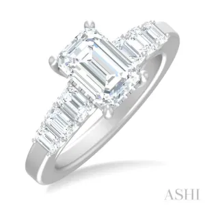 1 ctw Emerald Shape Emerald and Round Cut Diamond Semi Mount Engagement Ring in 14K White Gold