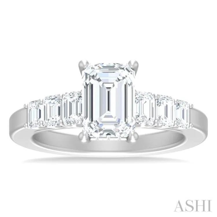 1 ctw Emerald Shape Emerald and Round Cut Diamond Semi Mount Engagement Ring in 14K White Gold