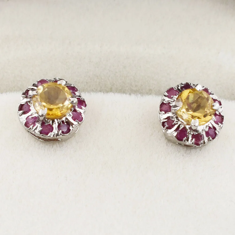 10 mm Yellow Citrine Gemstone with Ruby Accents Studs Earring In 925 Silver