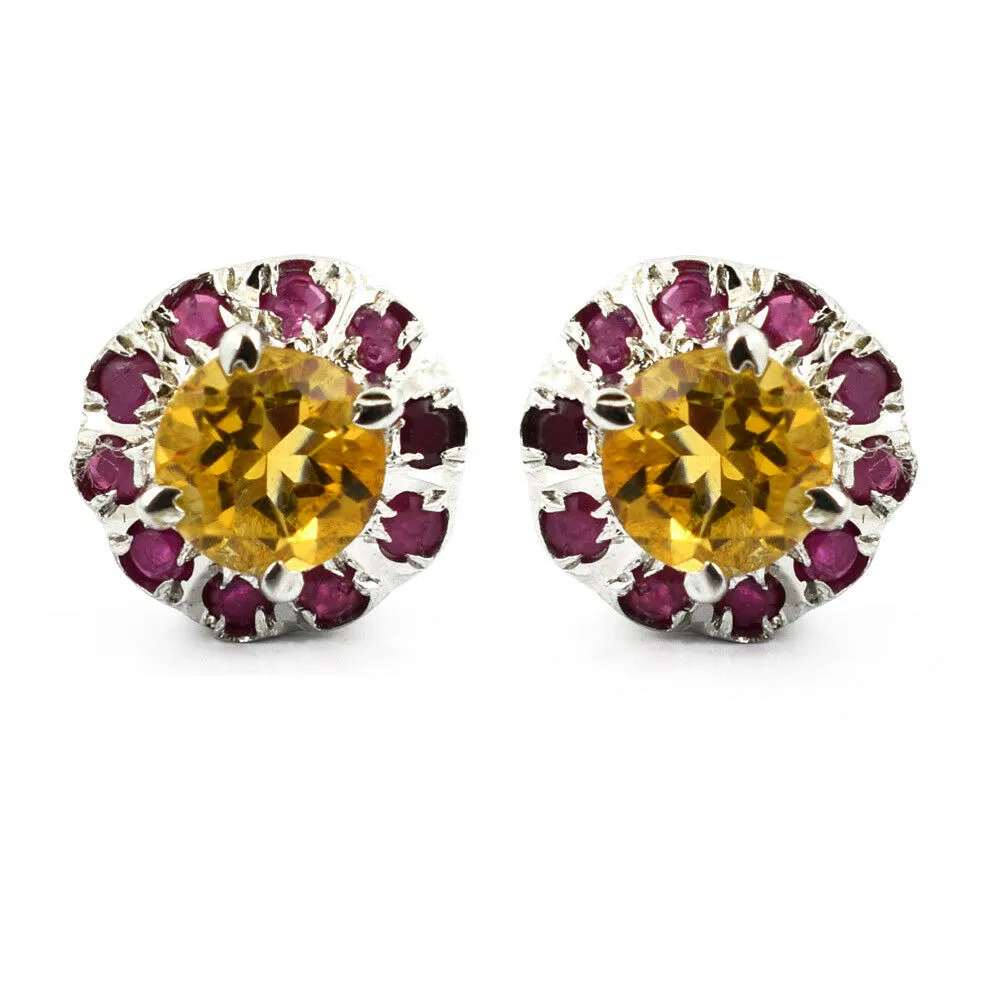 10 mm Yellow Citrine Gemstone with Ruby Accents Studs Earring In 925 Silver