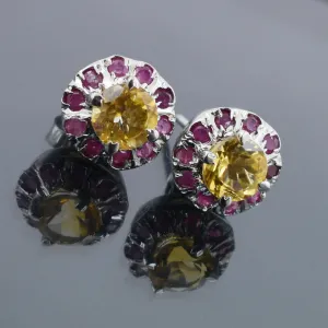 10 mm Yellow Citrine Gemstone with Ruby Accents Studs Earring In 925 Silver