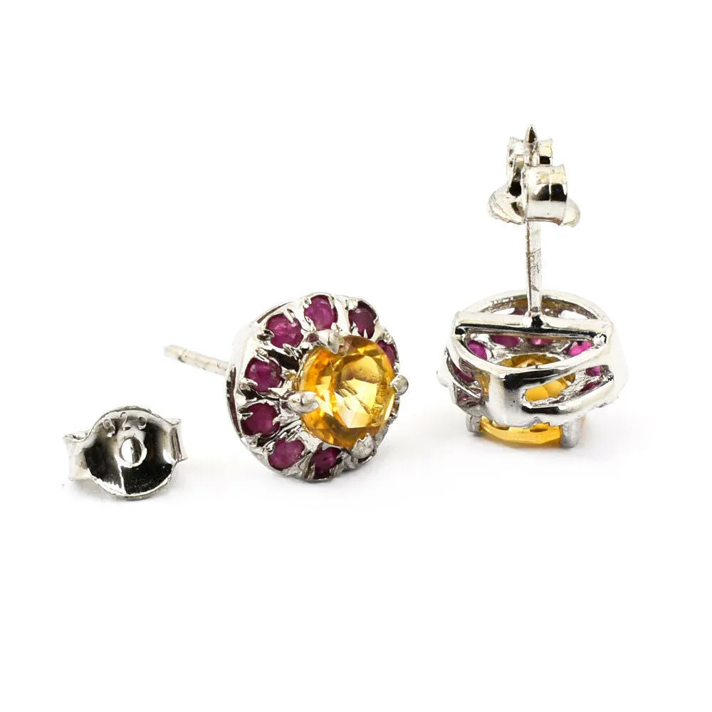 10 mm Yellow Citrine Gemstone with Ruby Accents Studs Earring In 925 Silver