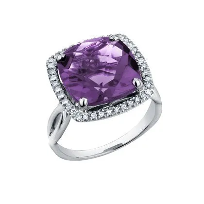 10K White Gold (12mm) Cushion Checkered Cut Amethyst and Diamond Halo Ring