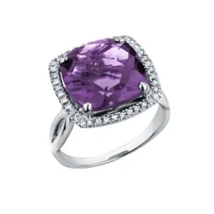 10K White Gold (12mm) Cushion Checkered Cut Amethyst and Diamond Halo Ring