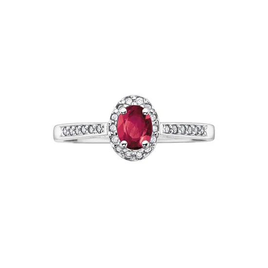 10K White Gold (July) Birthstone Ruby and Diamond Halo Ring