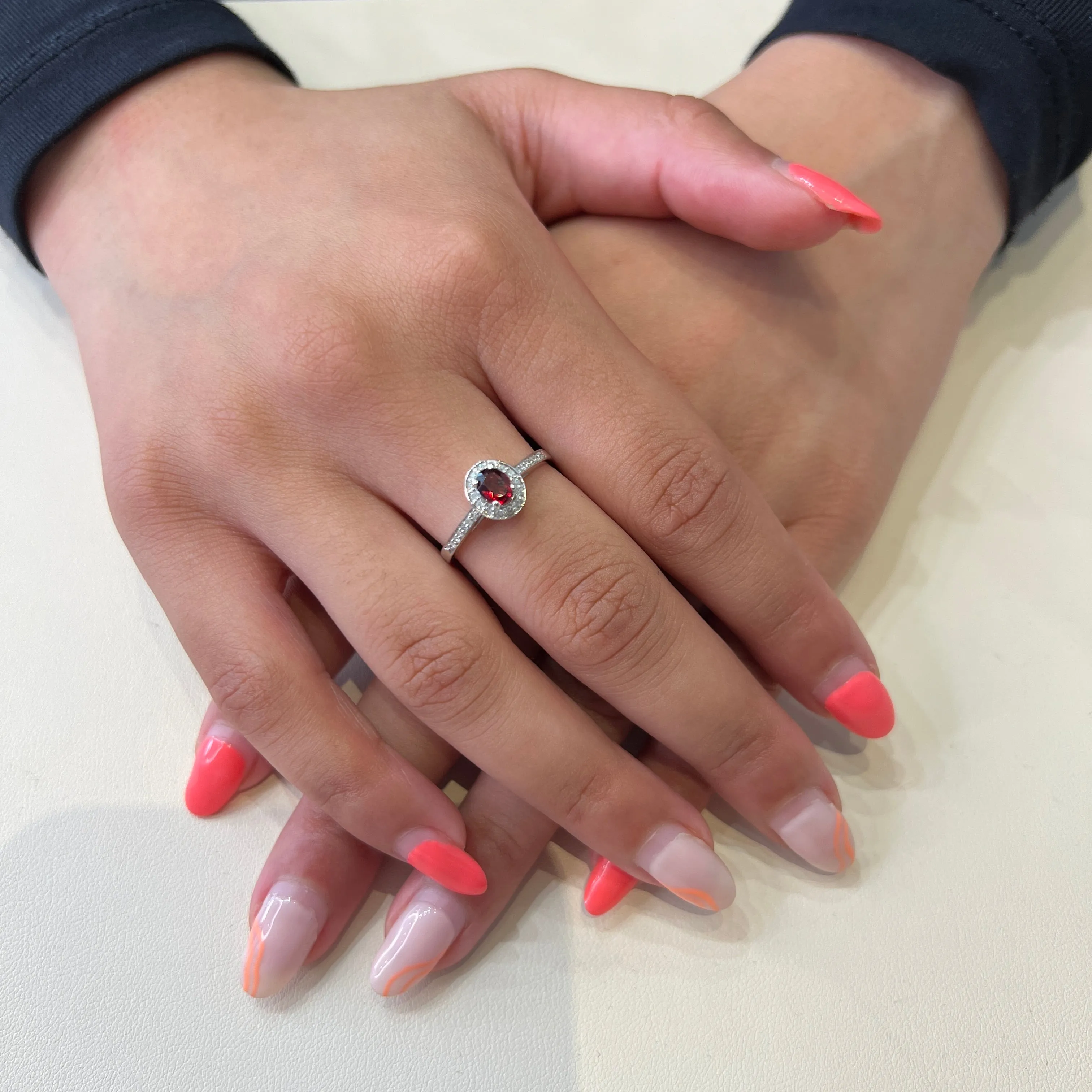 10K White Gold (July) Birthstone Ruby and Diamond Halo Ring