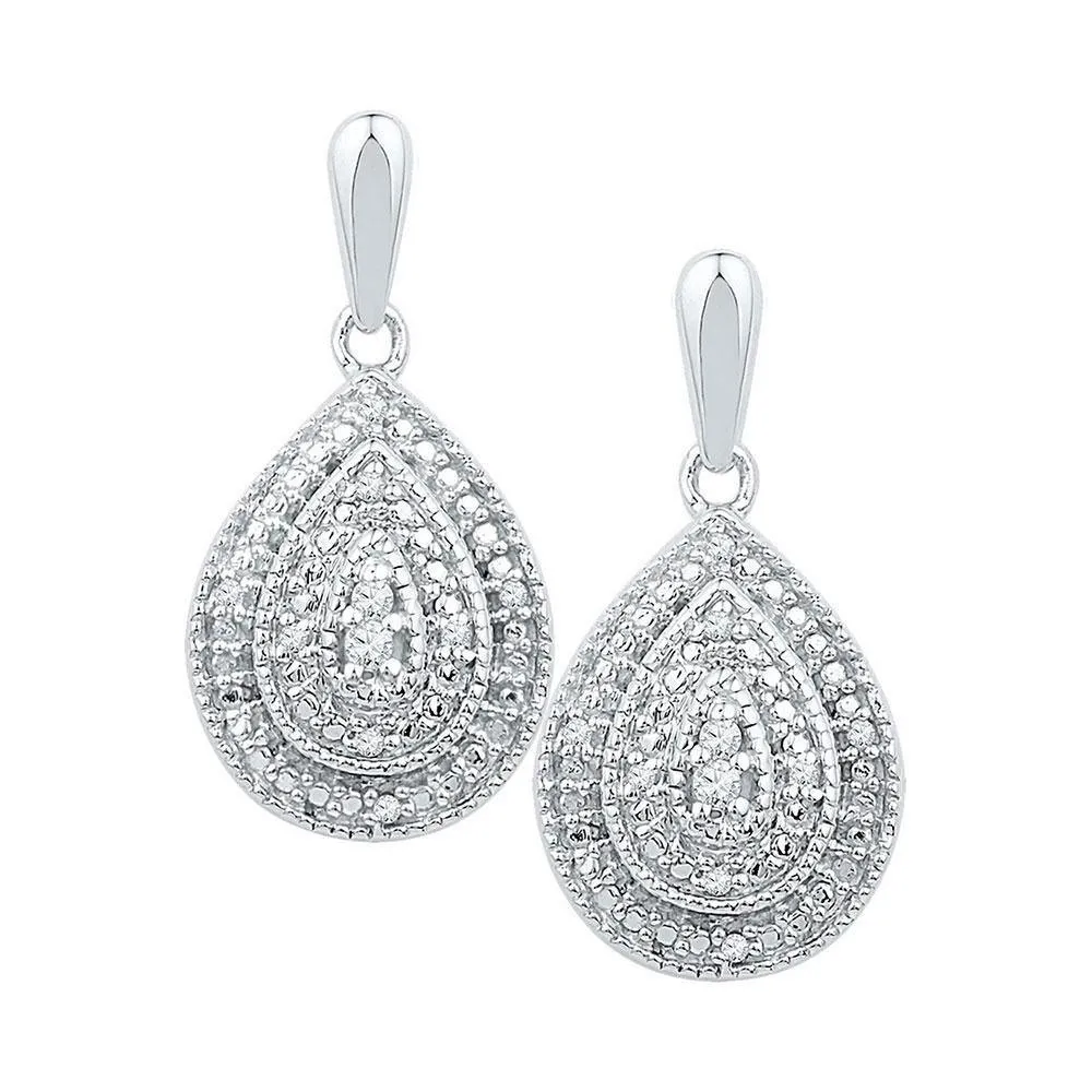 10K White Gold Round Diamond Milgrain Teardrop Screwback Dangle Earrings 1/10 Cttw