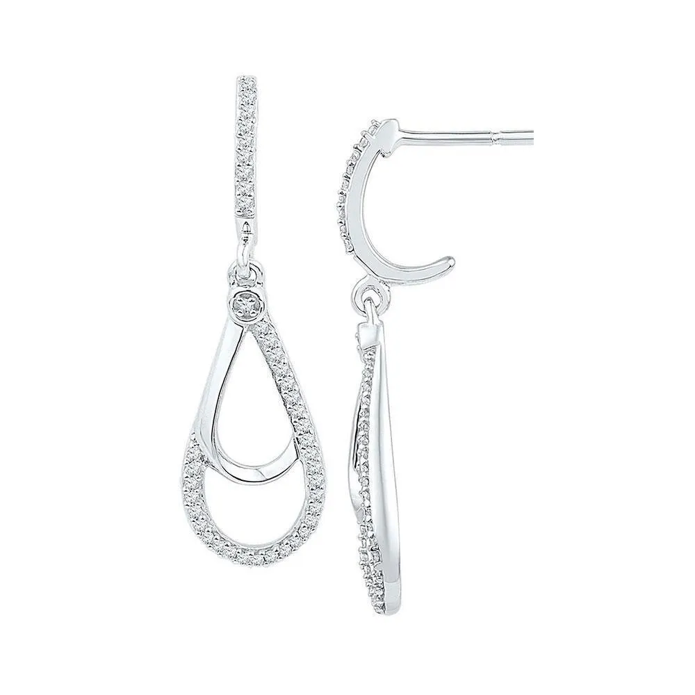 10K White Gold Round Diamond Teardrop Dangle Screwback Earrings 1/4 Cttw