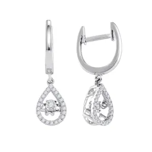 10K White Gold Round Moving Twinkle Diamond Teardrop Dangle Earrings 1/4 Cttw