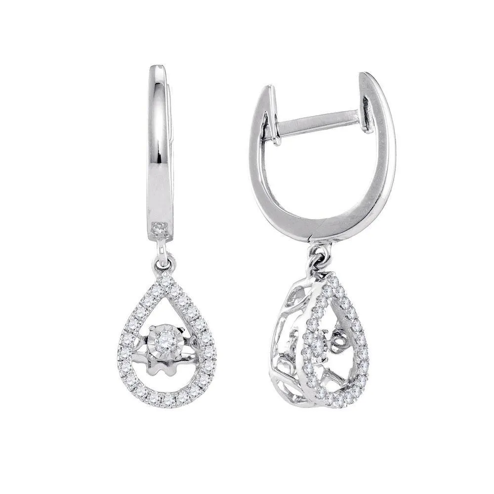 10K White Gold Round Moving Twinkle Diamond Teardrop Dangle Earrings 1/4 Cttw