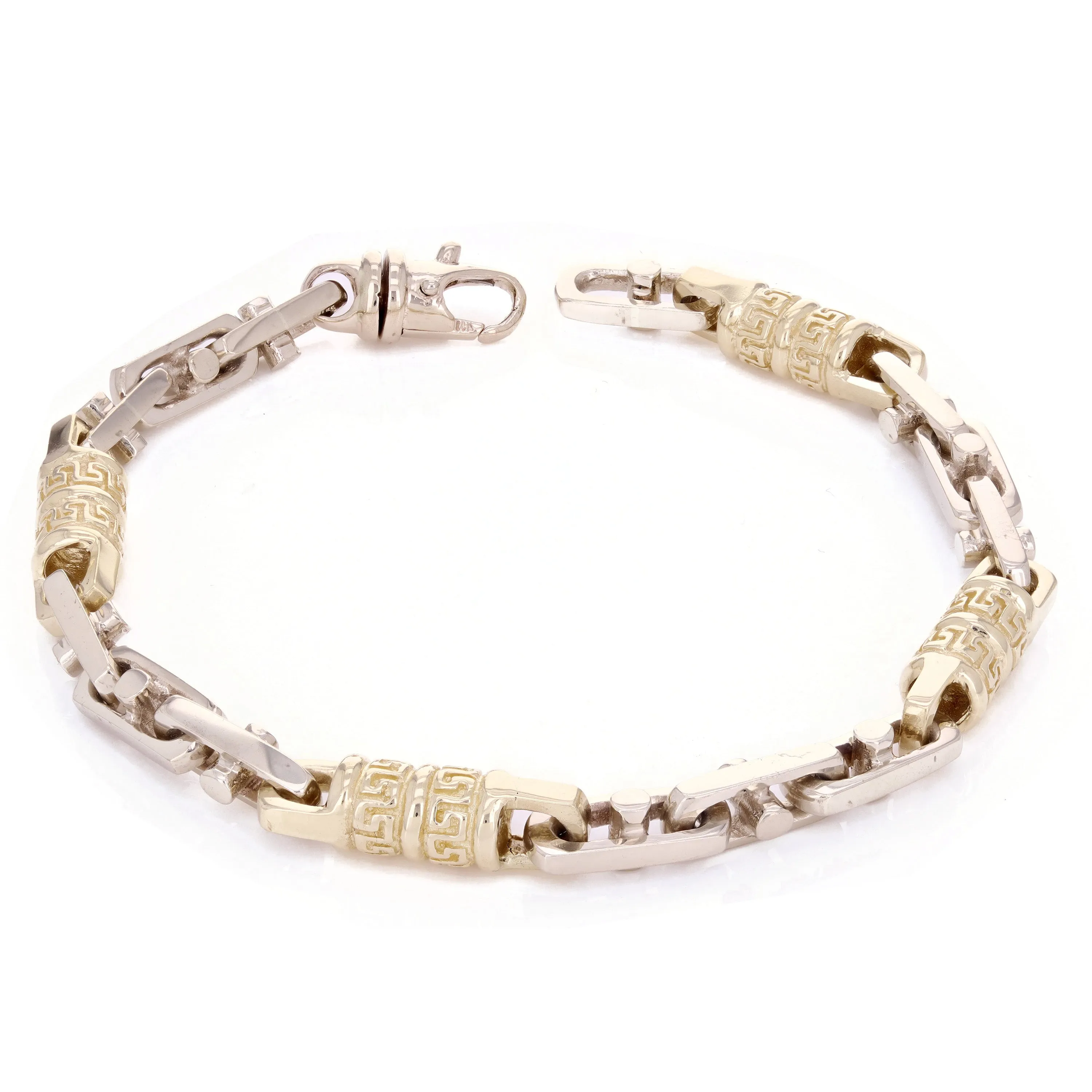 10k Yellow & White Gold Bullet Greek Key Link Handmade Bracelet 7" - 9" 7.5mm