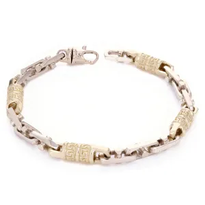 10k Yellow & White Gold Bullet Greek Key Link Handmade Bracelet 7" - 9" 7.5mm