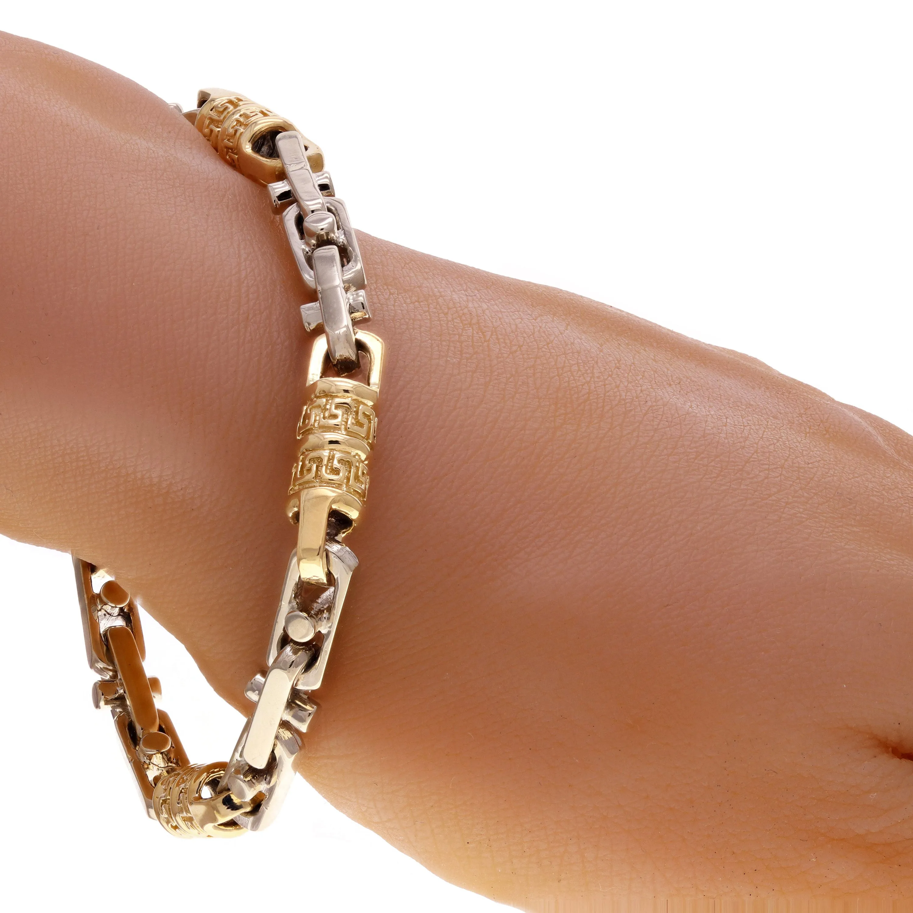10k Yellow & White Gold Bullet Greek Key Link Handmade Bracelet 7" - 9" 7.5mm
