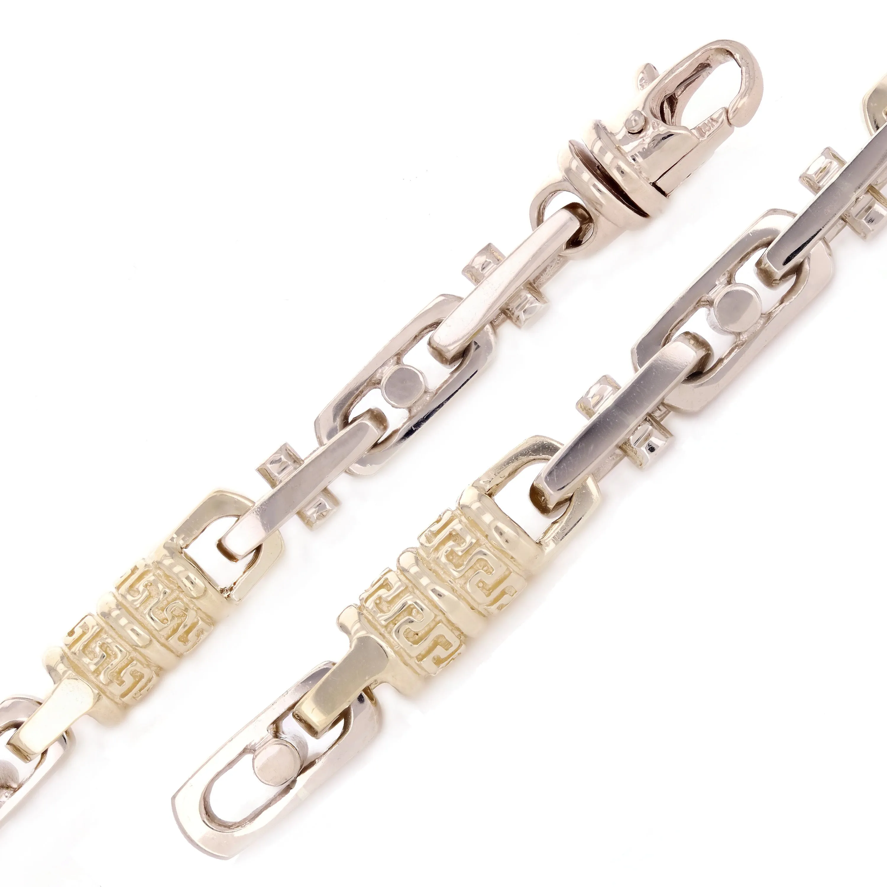 10k Yellow & White Gold Bullet Greek Key Link Handmade Bracelet 7" - 9" 7.5mm