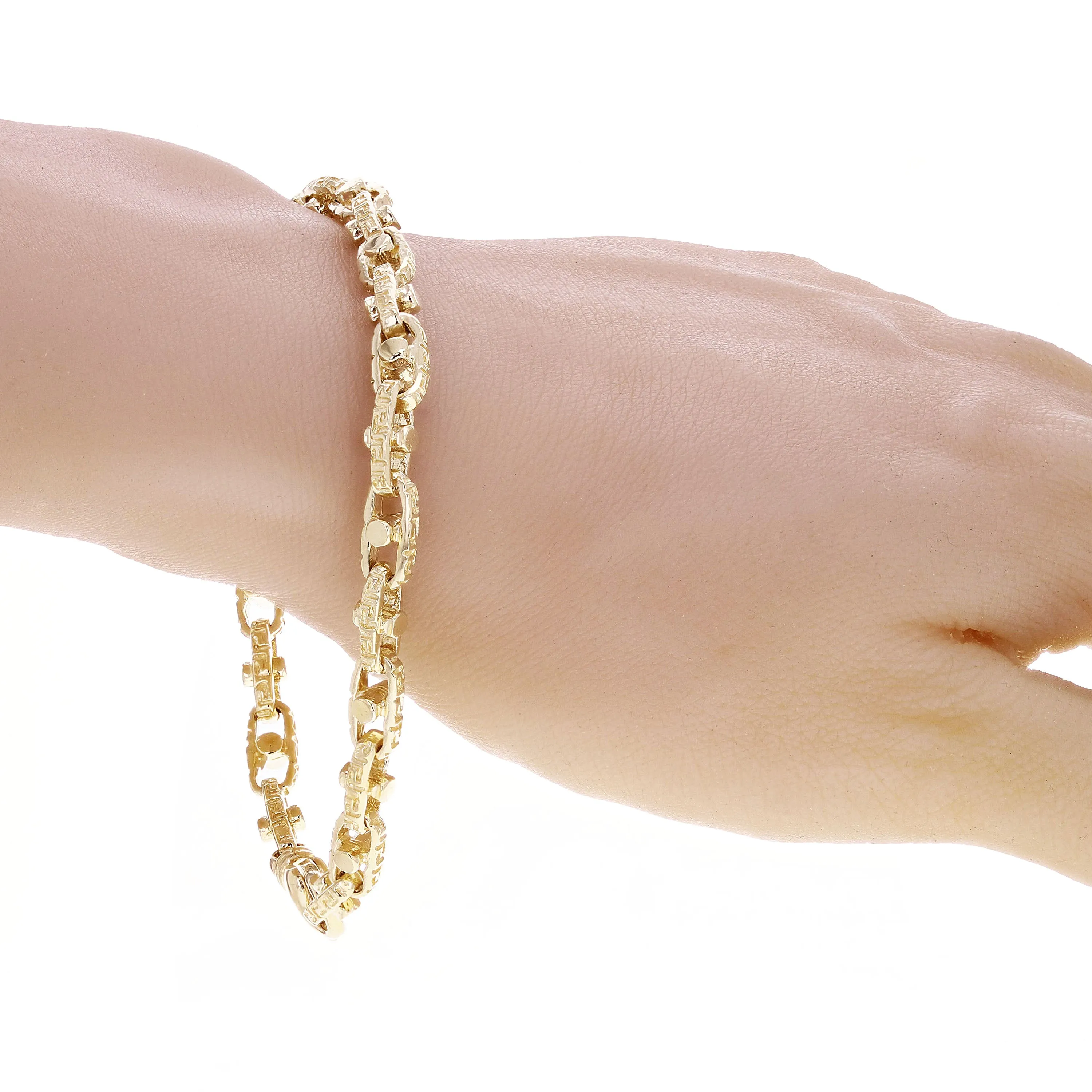 10k Yellow Gold Handmade Greek Key Link Chain Bracelet 7" - 9" 6mm