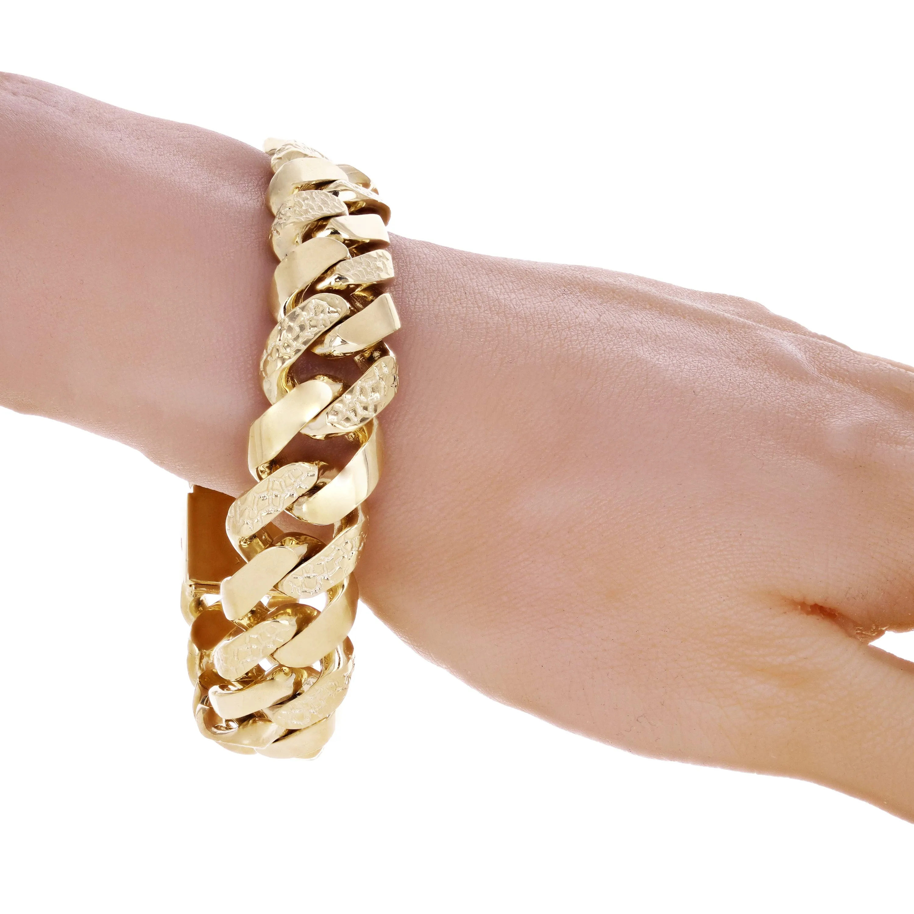 10k Yellow Gold Nugget Curb Cuban Link Chain Bracelet 7.5" - 9.5" 19mm