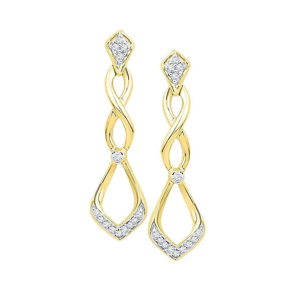 10K Yellow Gold Round Diamond Cascading Teardrop Dangle Earrings 1/10 Cttw