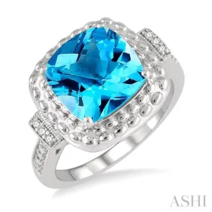 10x10 MM Cushion Shape Blue Topaz and 1/50 ctw Round Cut Diamond Semi Precious Ring in Sterling Silver