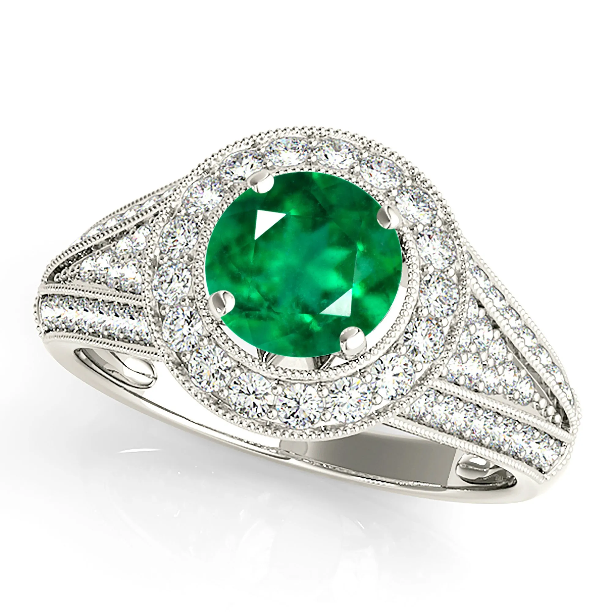 1.15 ct. Genuine Emerald Ring With Milgrain Halo and Wide Graduating Diamond Band