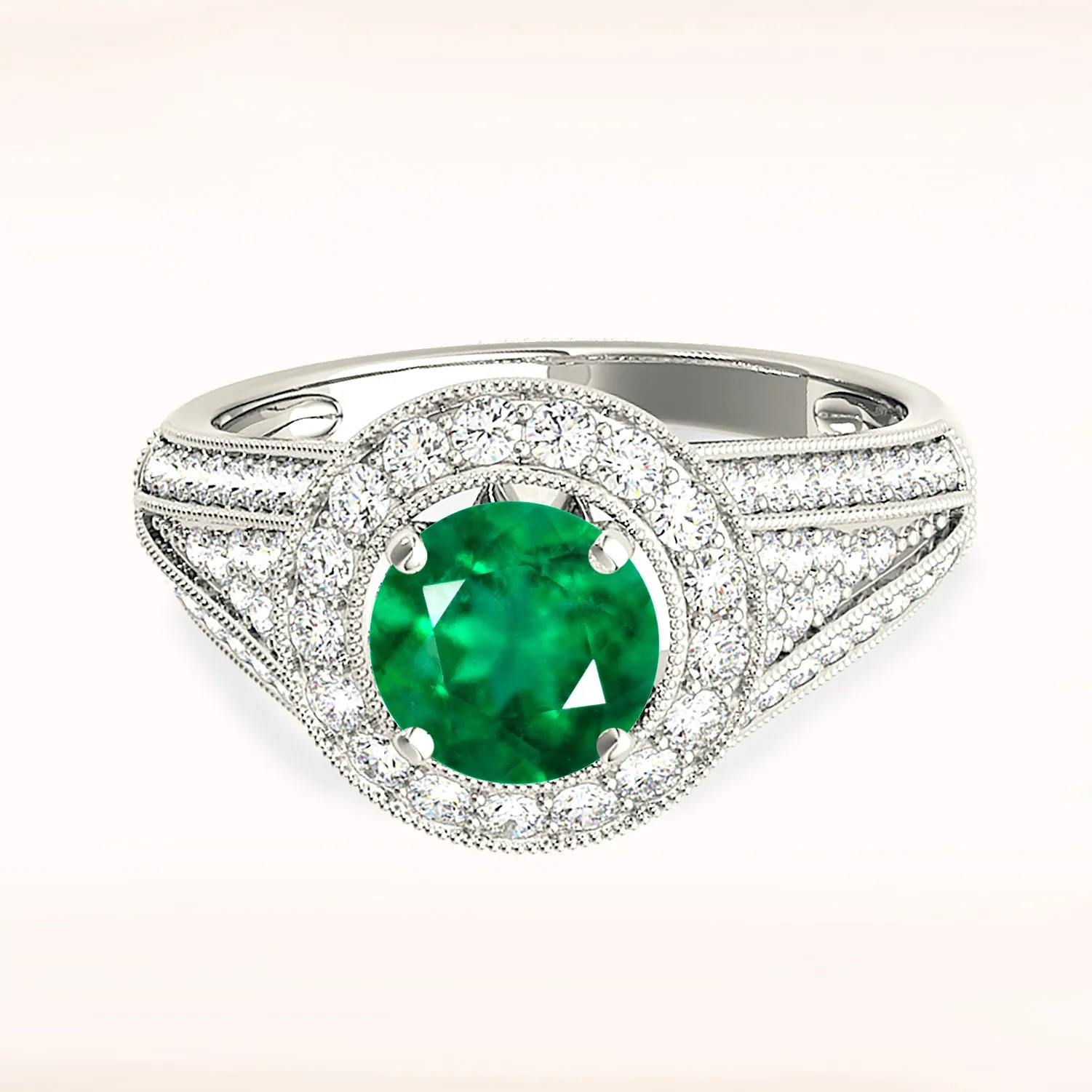 1.15 ct. Genuine Emerald Ring With Milgrain Halo and Wide Graduating Diamond Band