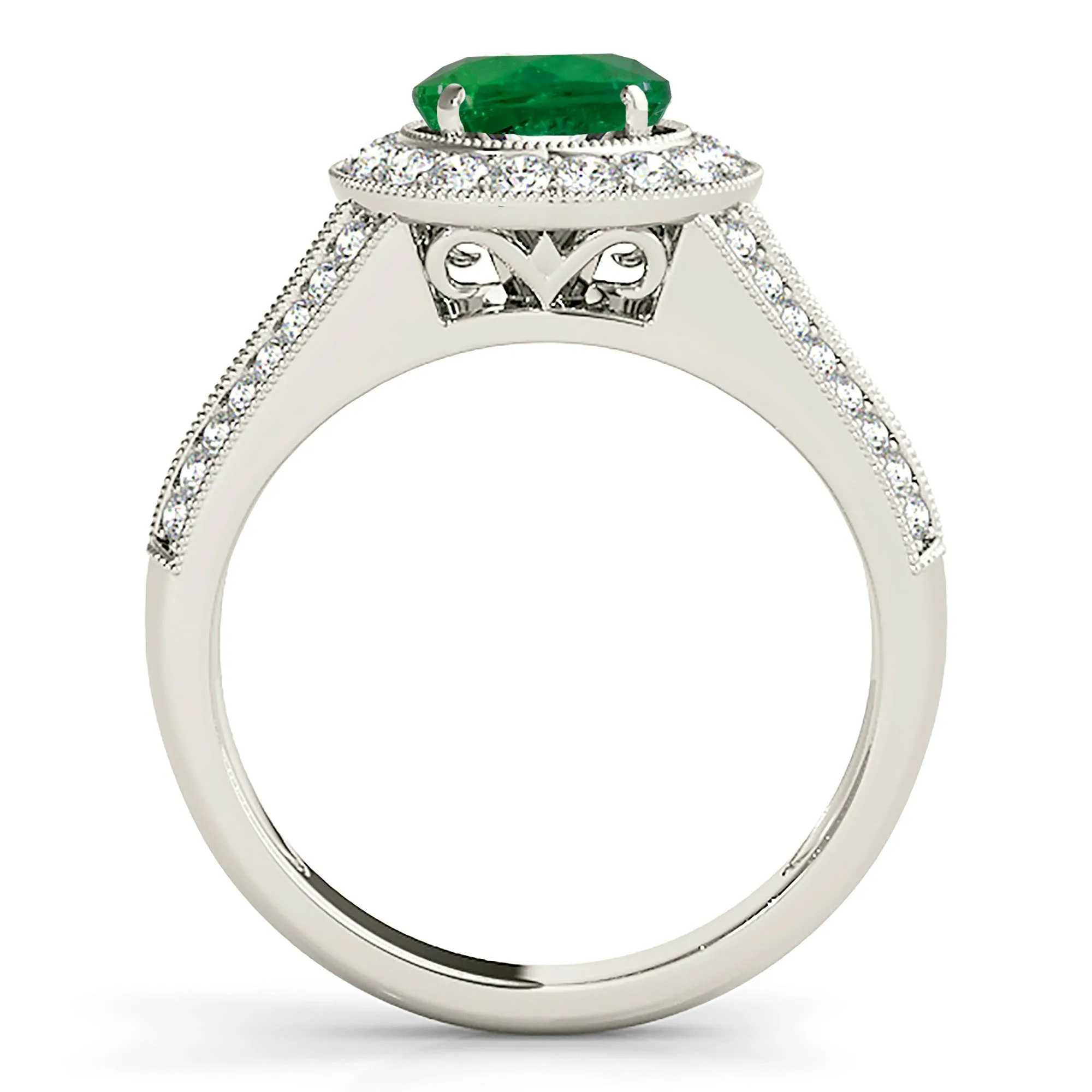 1.15 ct. Genuine Emerald Ring With Milgrain Halo and Wide Graduating Diamond Band