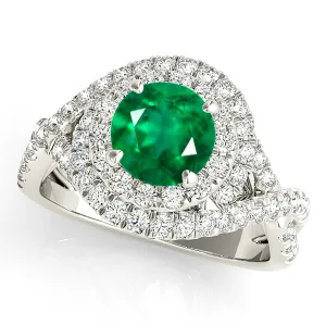 1.15 ct. Genuine Emerald Ring With Swirl Halo and Twist Diamond Band