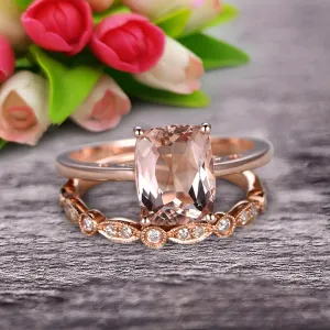1.25 Carat Cushion Cut Morganite Solitaire Engagement Ring With Matching Band On 10k Rose Gold Art Deco Shining Startling Ring Anniversary Gift