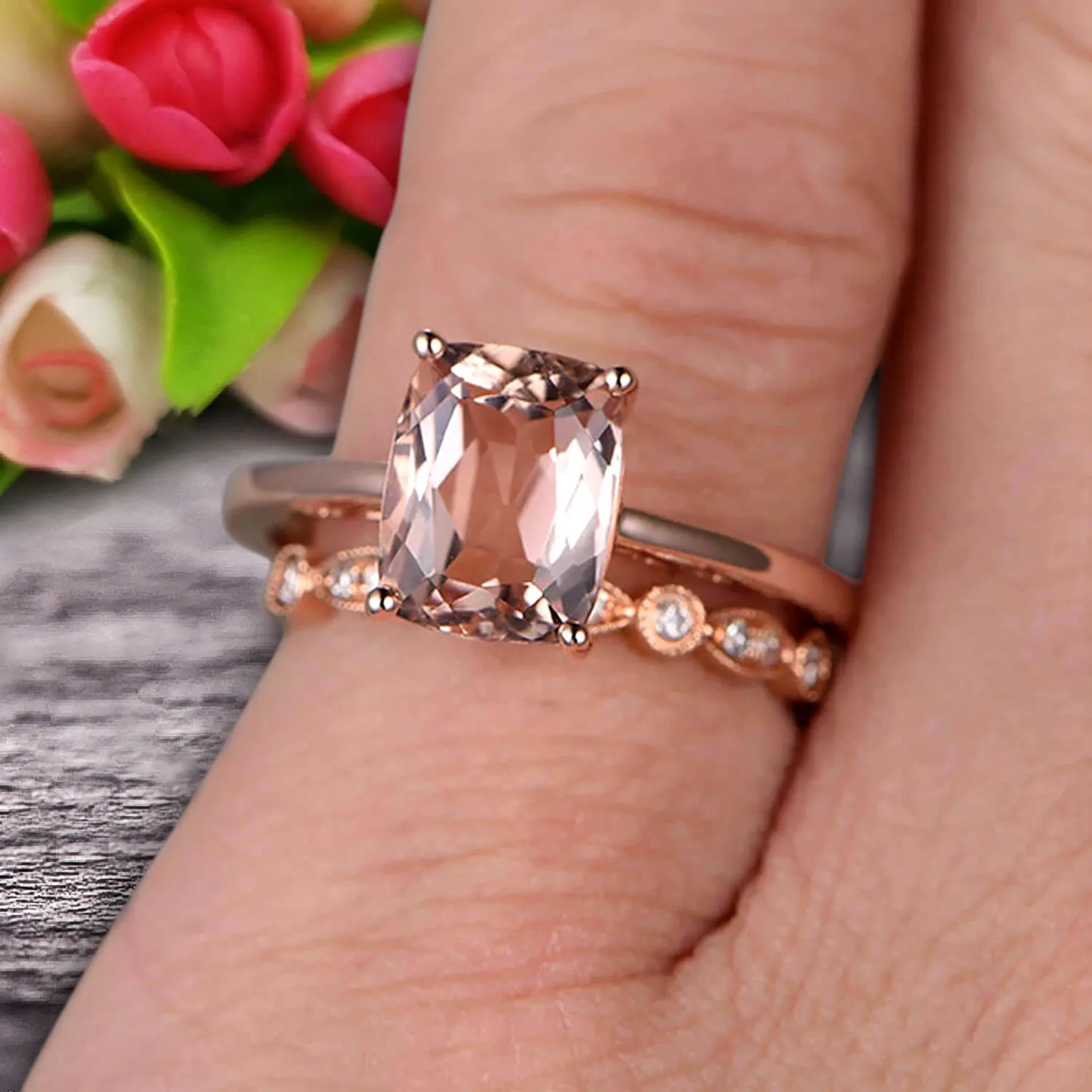 1.25 Carat Cushion Cut Morganite Solitaire Engagement Ring With Matching Band On 10k Rose Gold Art Deco Shining Startling Ring Anniversary Gift