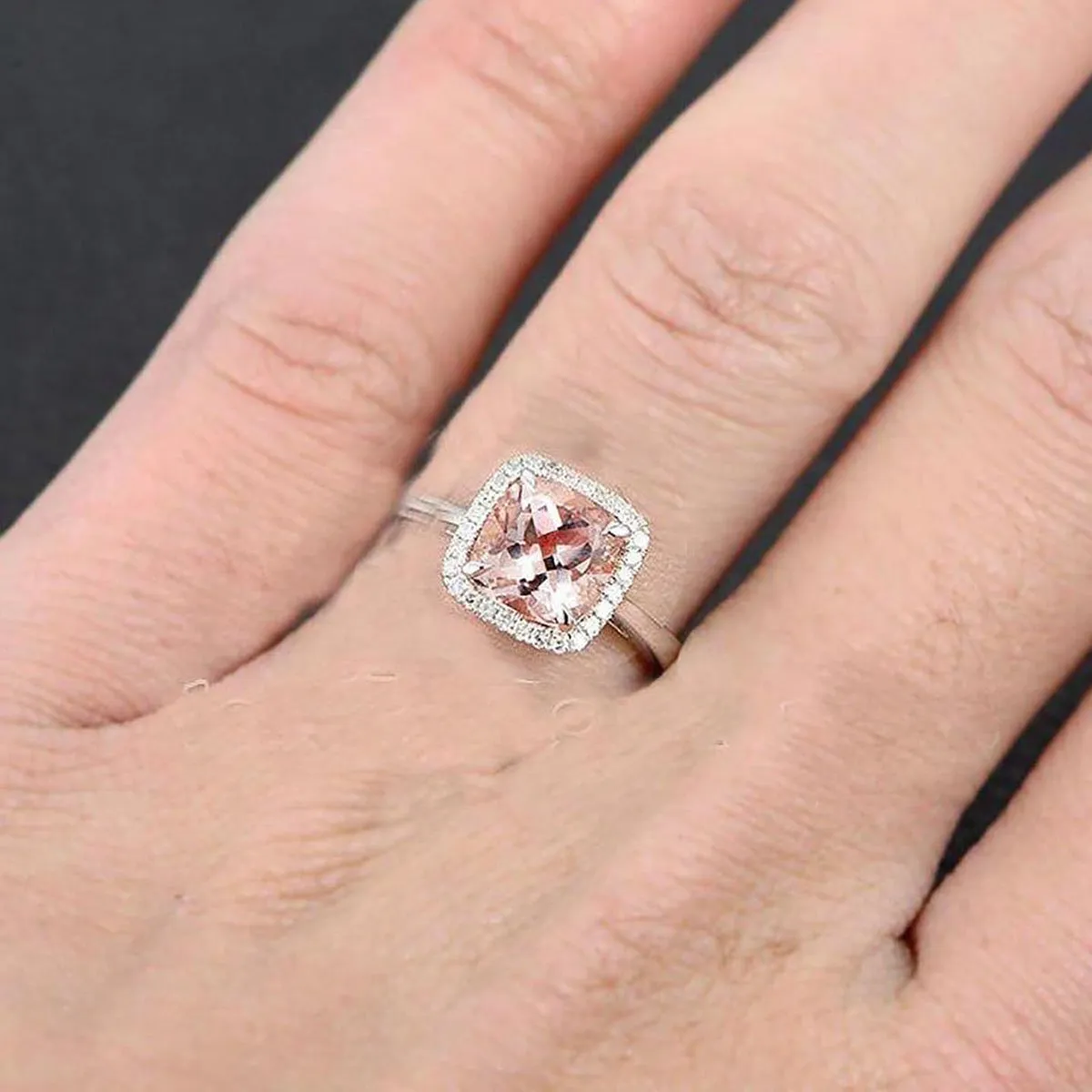 1.25 Carat Cushion Cut Peach Pink Morganite And Diamond Moissanite Halo Engagement Ring on Sale With 18k Gold Plating
