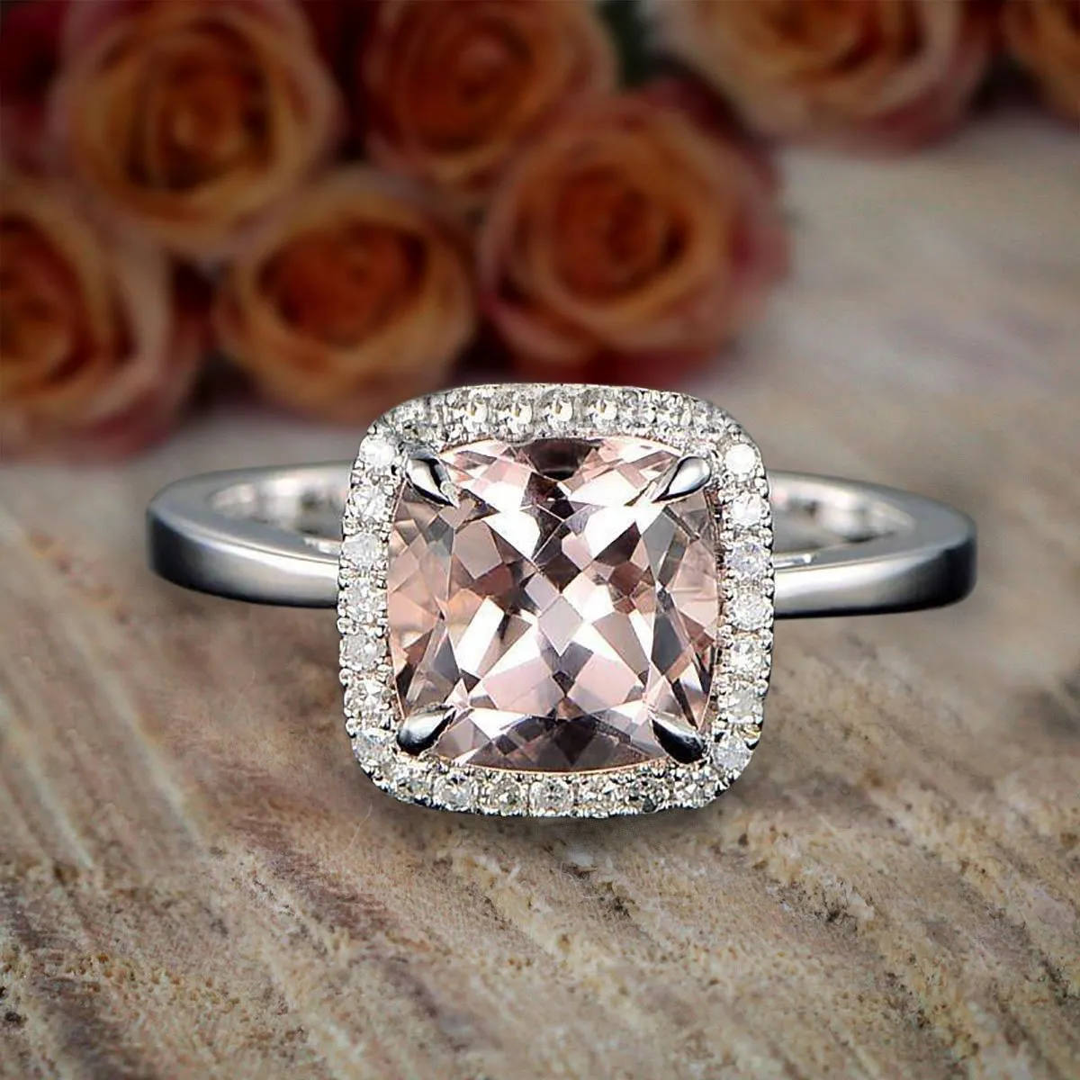 1.25 Carat Cushion Cut Peach Pink Morganite And Diamond Moissanite Halo Engagement Ring on Sale With 18k Gold Plating