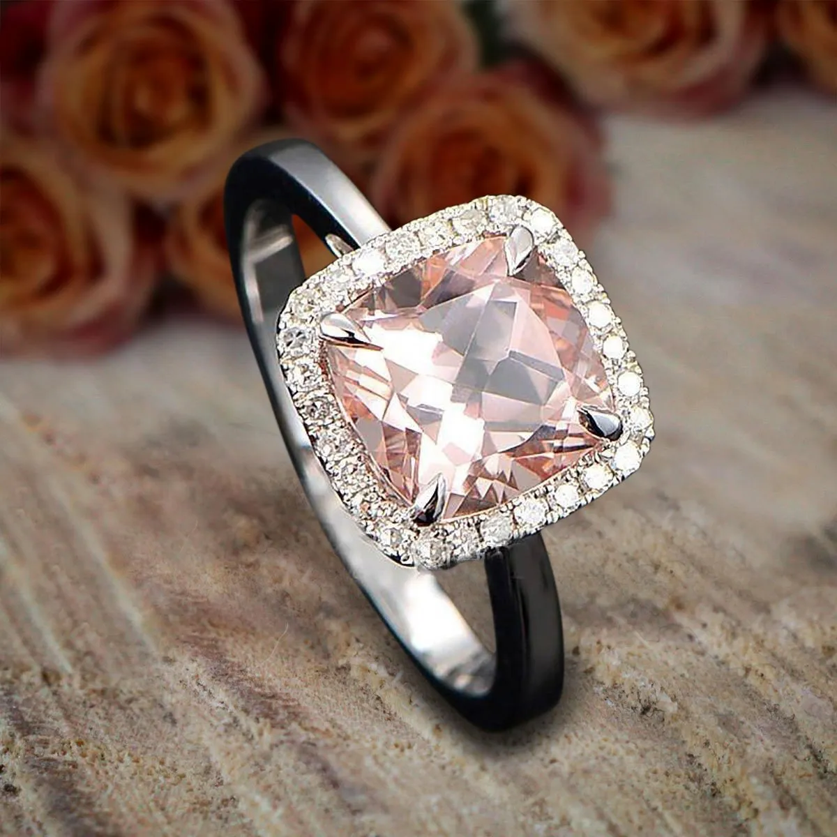1.25 Carat Cushion Cut Peach Pink Morganite And Diamond Moissanite Halo Engagement Ring on Sale With 18k Gold Plating