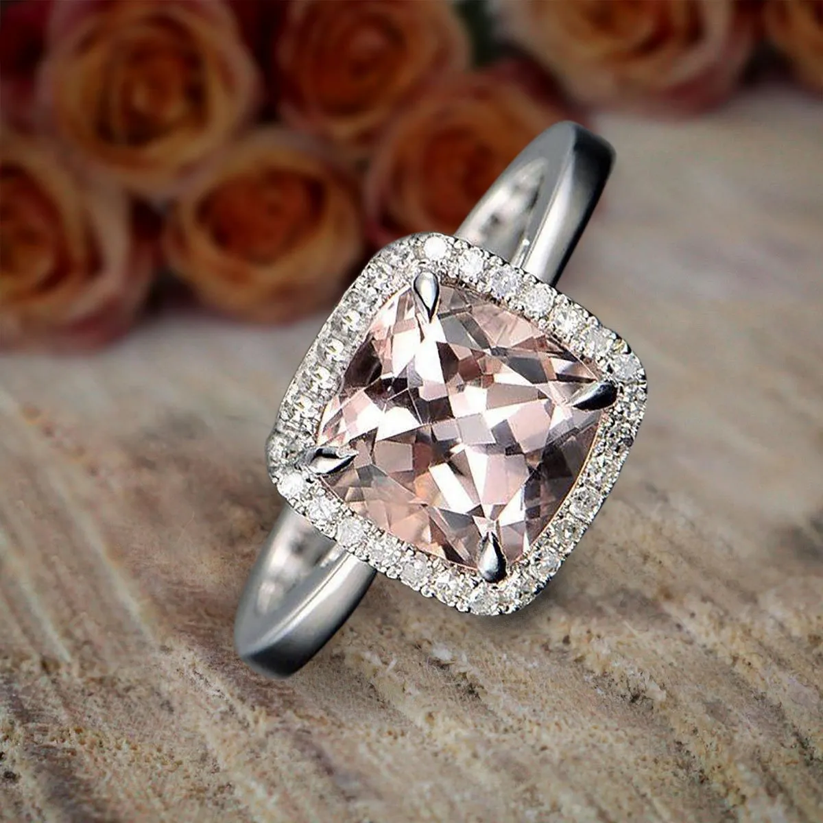 1.25 Carat Cushion Cut Peach Pink Morganite And Diamond Moissanite Halo Engagement Ring on Sale With 18k Gold Plating