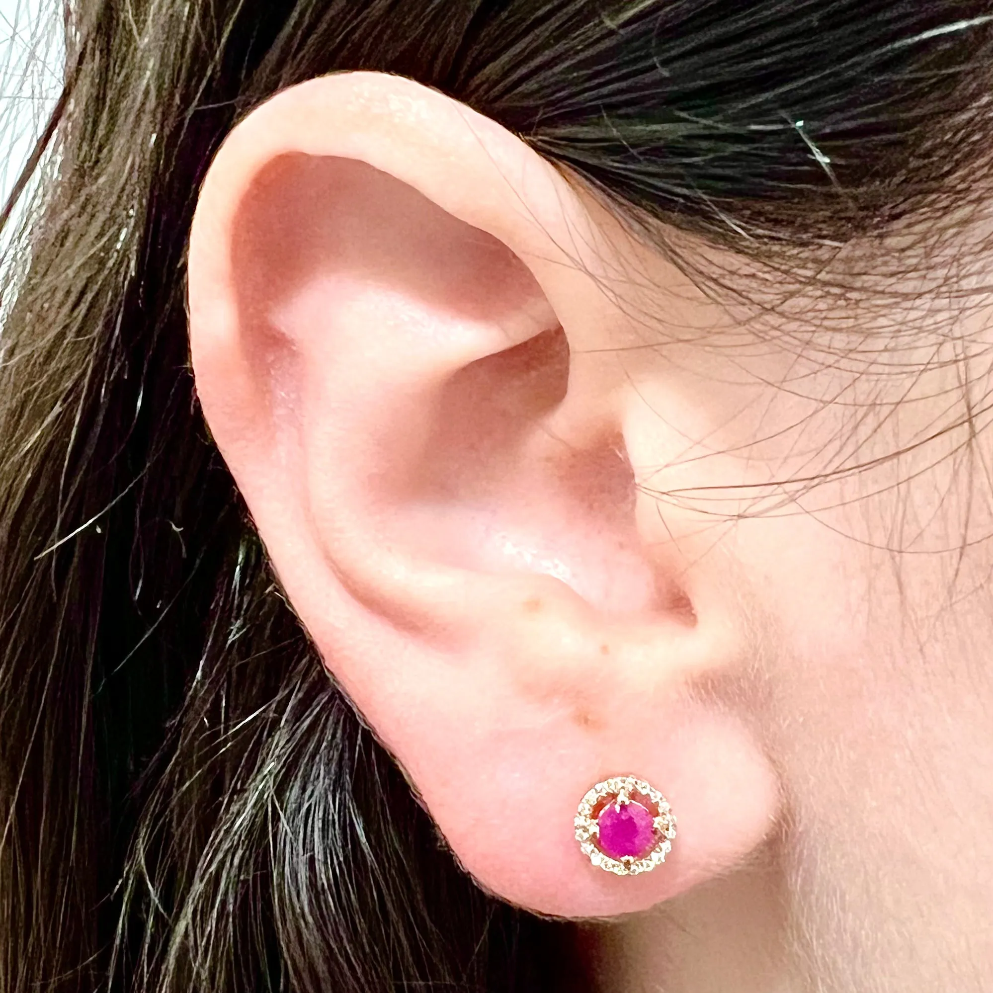 14 Karat Yellow Gold July Birthstone Round Ruby & Diamond Halo Stud Earrings