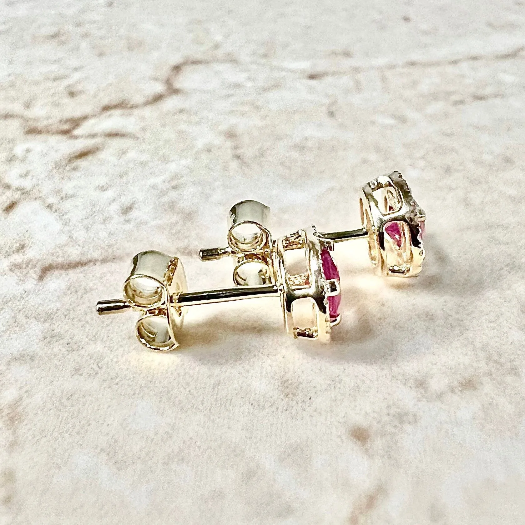 14 Karat Yellow Gold July Birthstone Round Ruby & Diamond Halo Stud Earrings