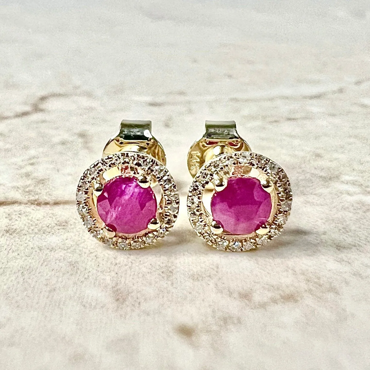 14 Karat Yellow Gold July Birthstone Round Ruby & Diamond Halo Stud Earrings