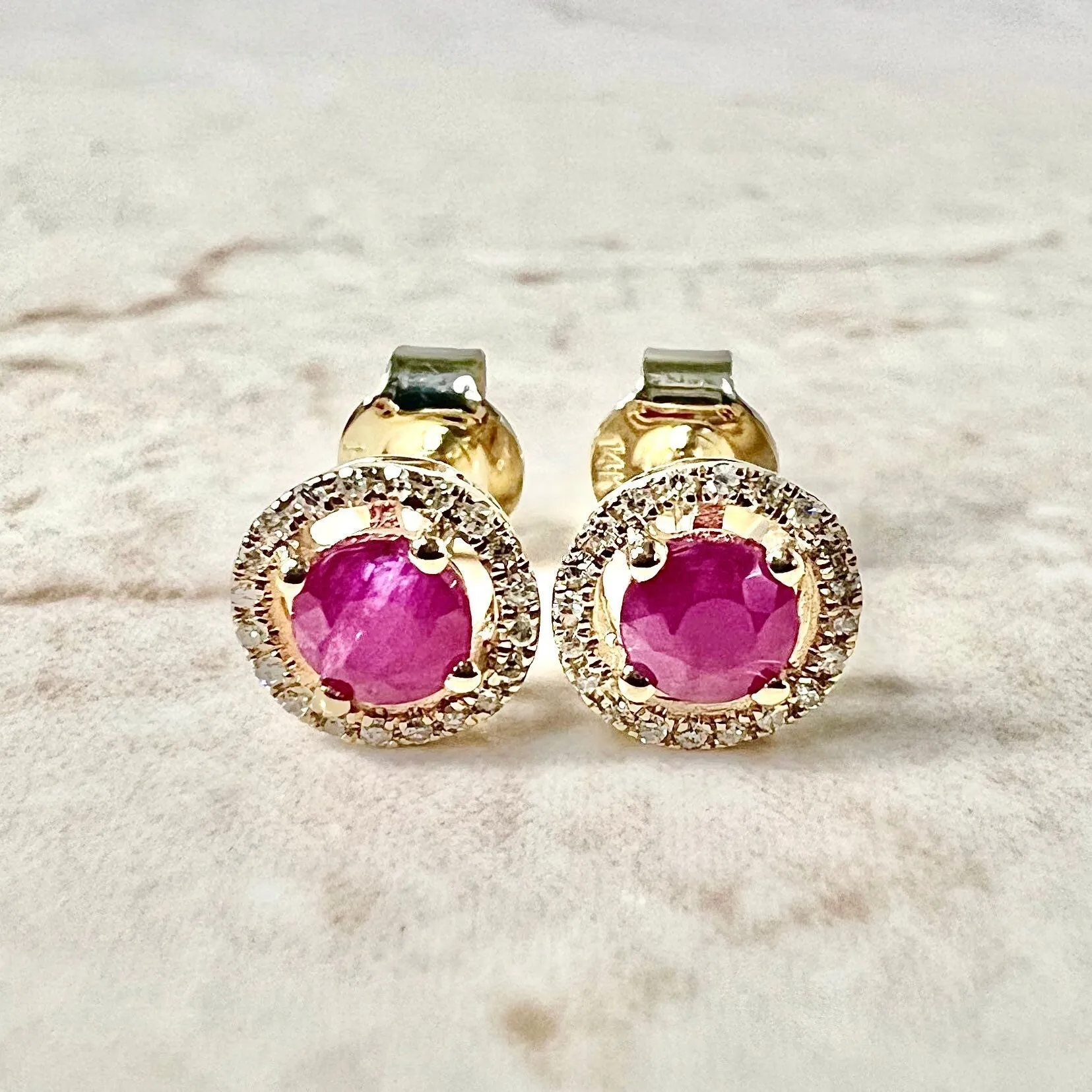 14 Karat Yellow Gold July Birthstone Round Ruby & Diamond Halo Stud Earrings
