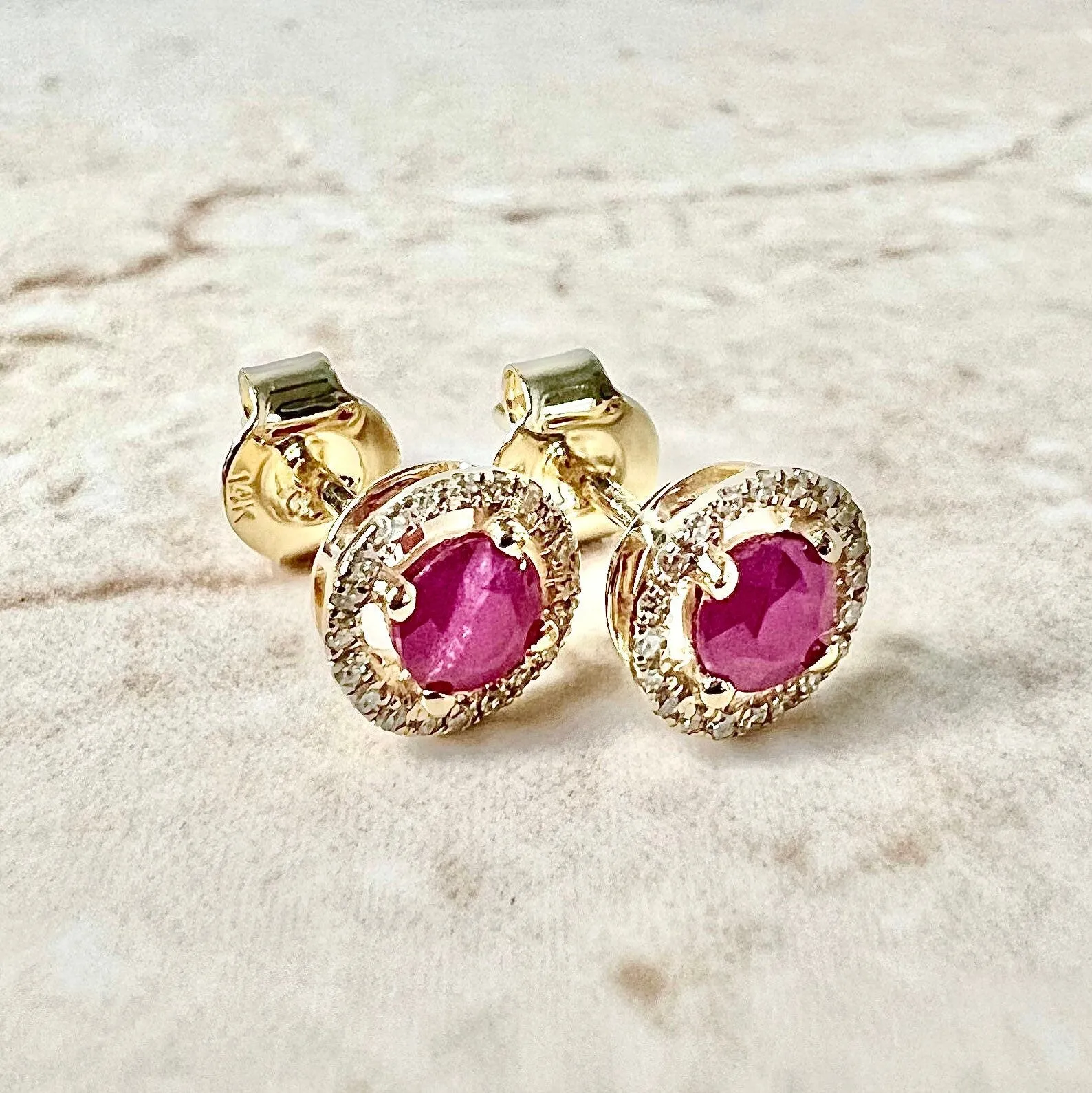14 Karat Yellow Gold July Birthstone Round Ruby & Diamond Halo Stud Earrings