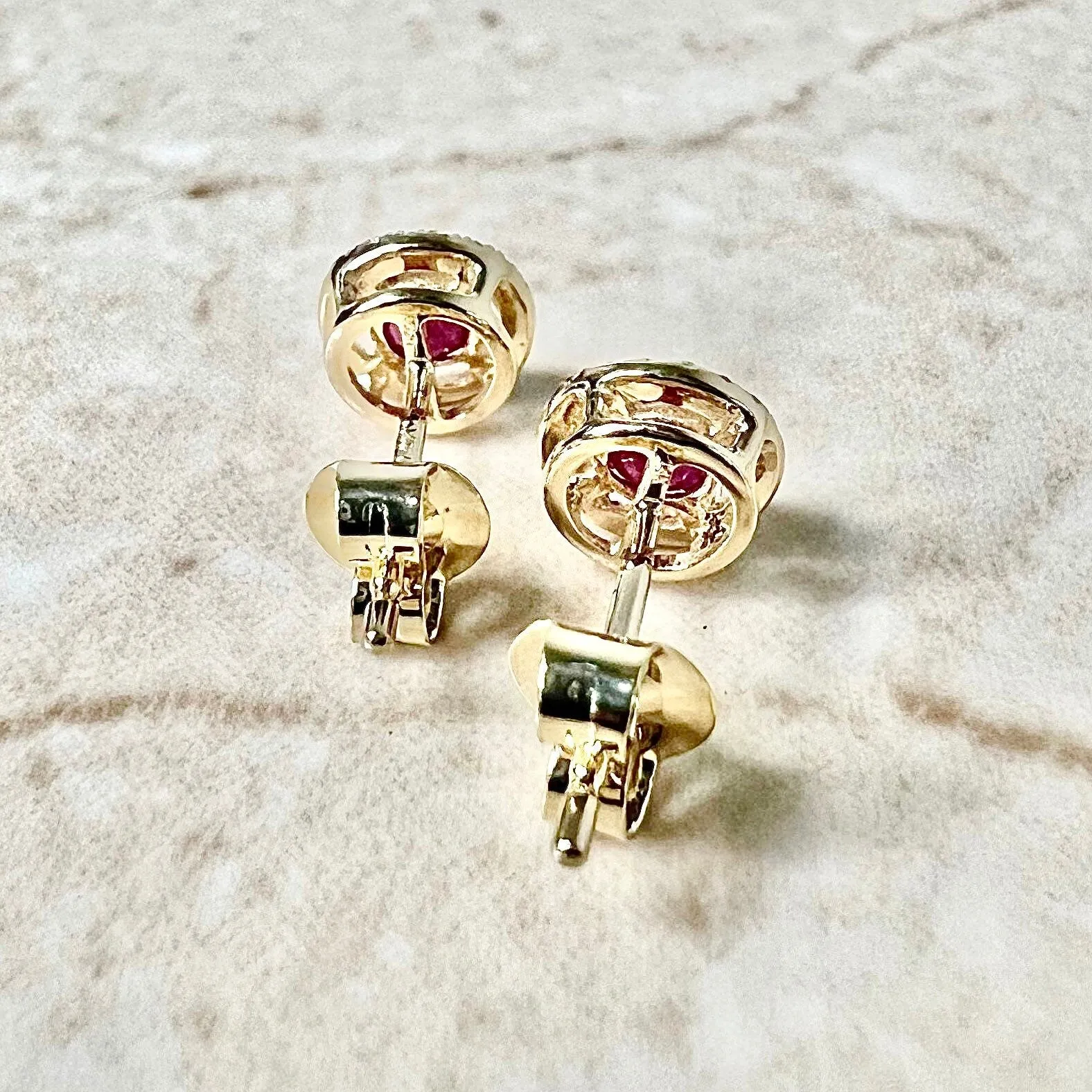 14 Karat Yellow Gold July Birthstone Round Ruby & Diamond Halo Stud Earrings