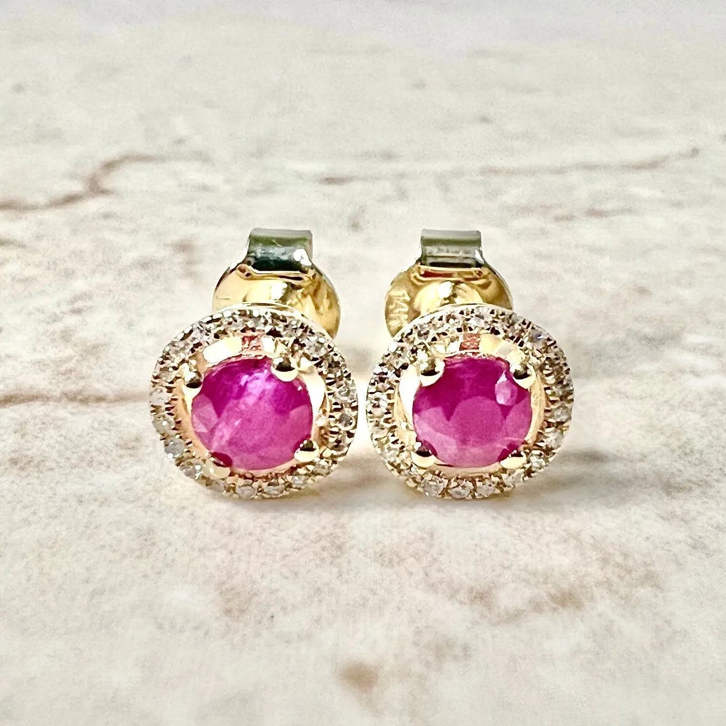 14 Karat Yellow Gold July Birthstone Round Ruby & Diamond Halo Stud Earrings