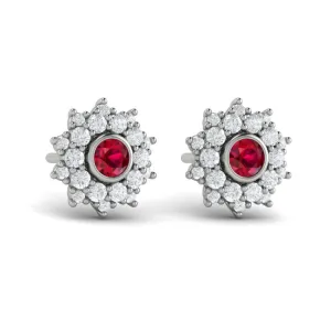 14 KT White Gold Diamond Star Cluster and Ruby Stud Statement Earrings